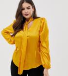 John Zack Plus Plunge Front Blouse With Neck Tie In Mustard - Yellow
