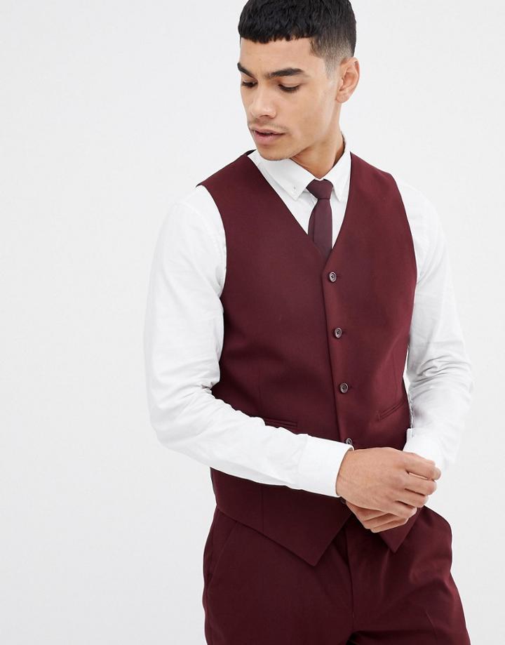 Asos Design Skinny Suit Vest In Burgundy - Red
