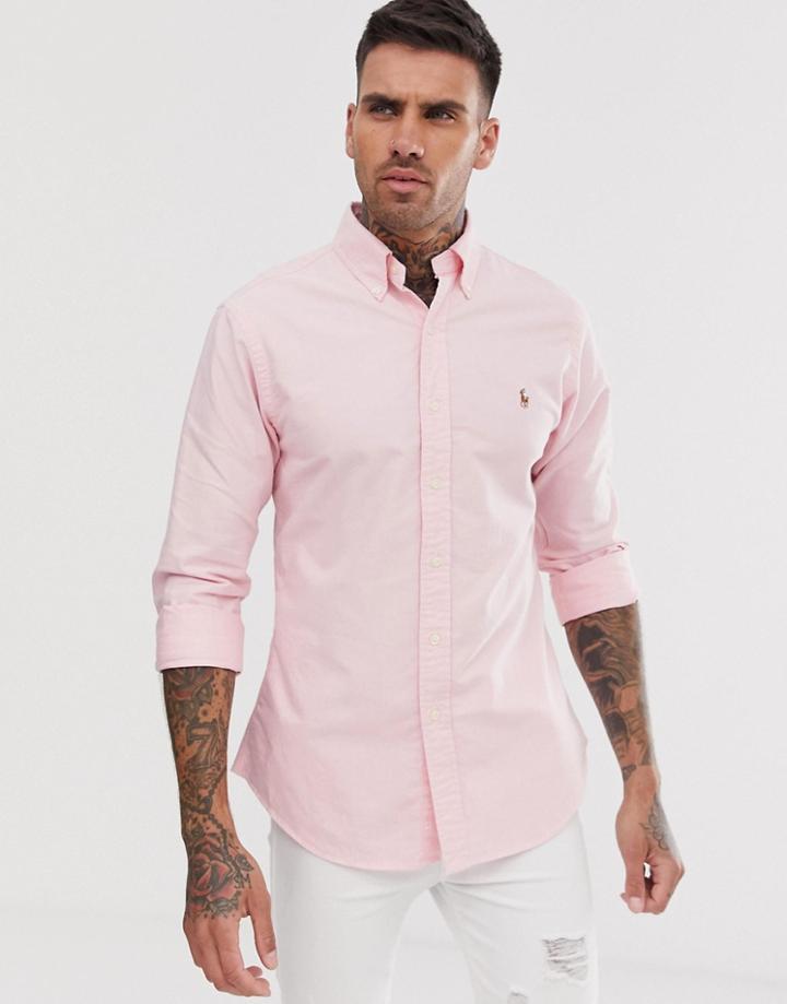 Polo Ralph Lauren Player Logo Slim Fit Oxford Shirt Button-down In Pink