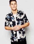 Asos Viscose Shirt With Palm Tree Print And Revere Collar In Regular Fit - Black