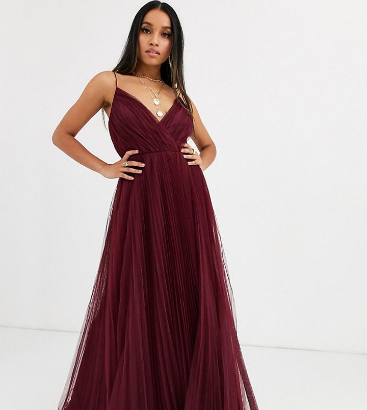 Asos Design Petite Cami Pleated Tulle Maxi Dress-red