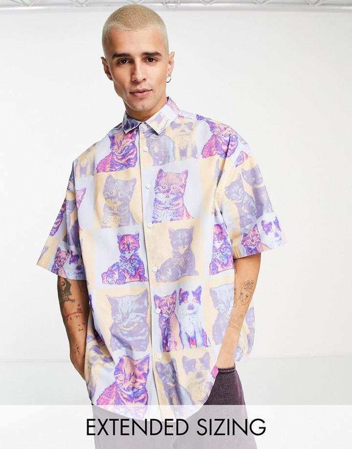 Asos Design Boxy Oversized Shirt With Cat Photographic Print-purple