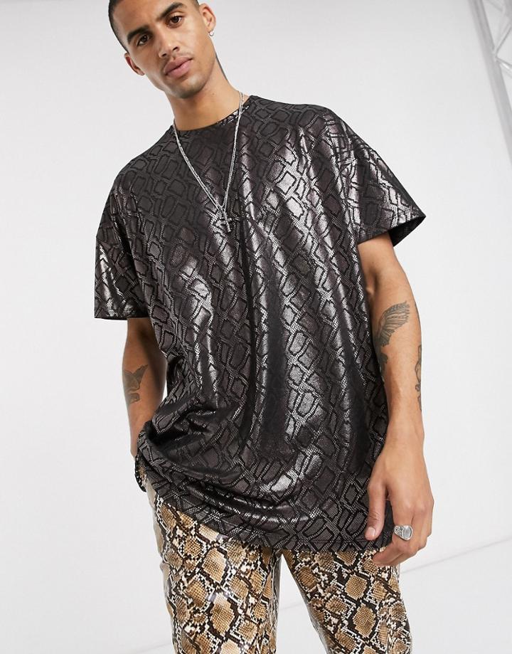 One Above Another Oversized T-shirt In Metallic Snake-green
