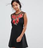 Elise Ryan Petite A Line Dress In Mesh And Floral Applique - Black