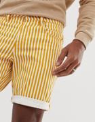 Asos Design Slim Denim Shorts In Yellow Pin Stripe - Yellow