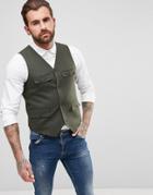 Asos Skinny Vest In Khaki Wool Mix - Green
