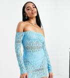 Asyou Off The Shoulder Openwork Detail Mini Dress In Aqua-blue