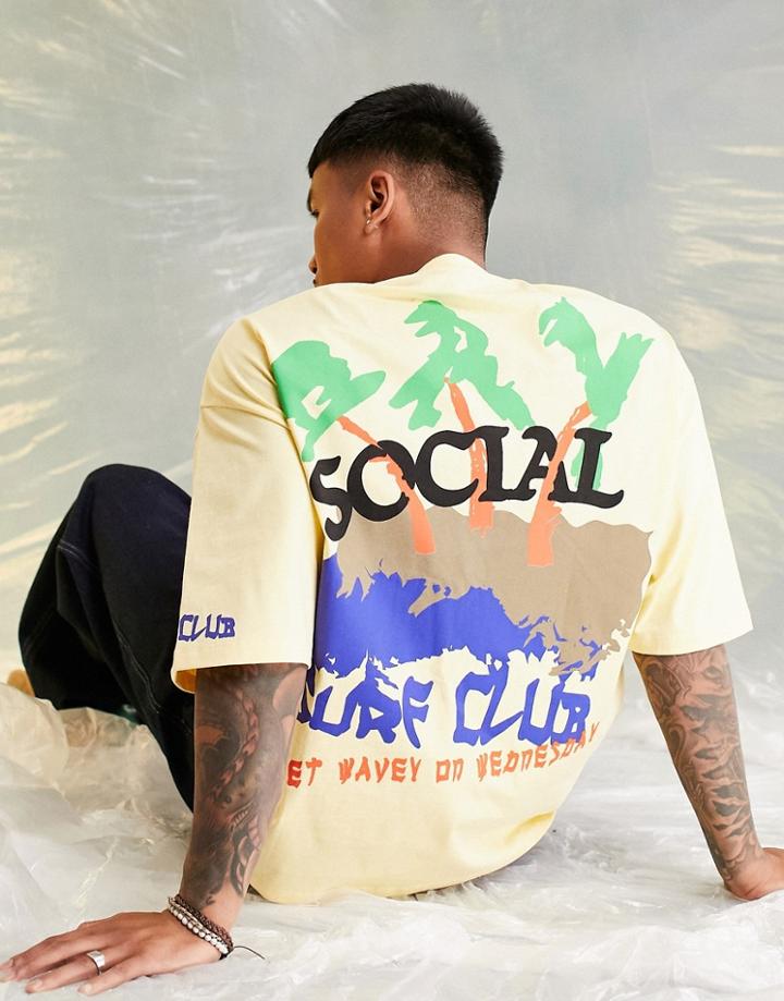 Asos Daysocial Oversized T-shirt In Heavyweight Jersey With Surf Club Back Graphic Print In Yellow