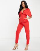 Asos Design Scuba Off-the-shoulder V-bar Slim Leg Jumpsuit In Black-red