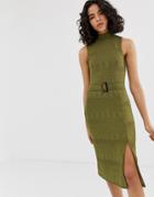 River Island High Neck Dress With Buckle Belt In Khaki-green