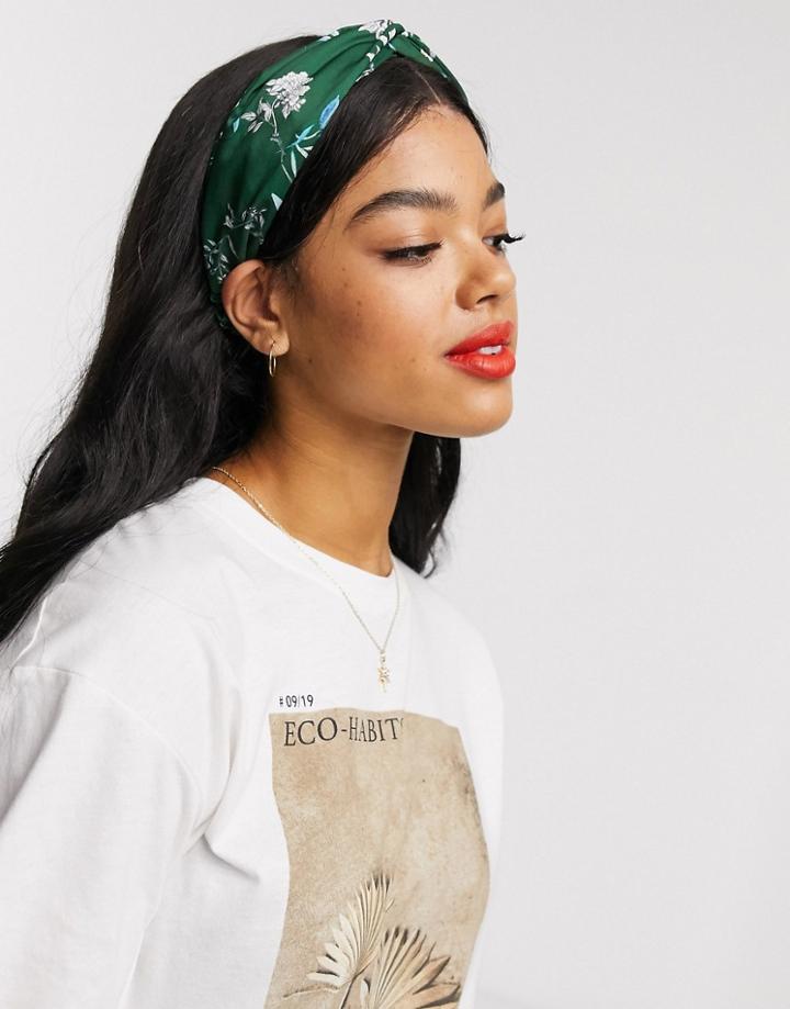 Asos Design Knot Headband In Floral Leaf Print-green