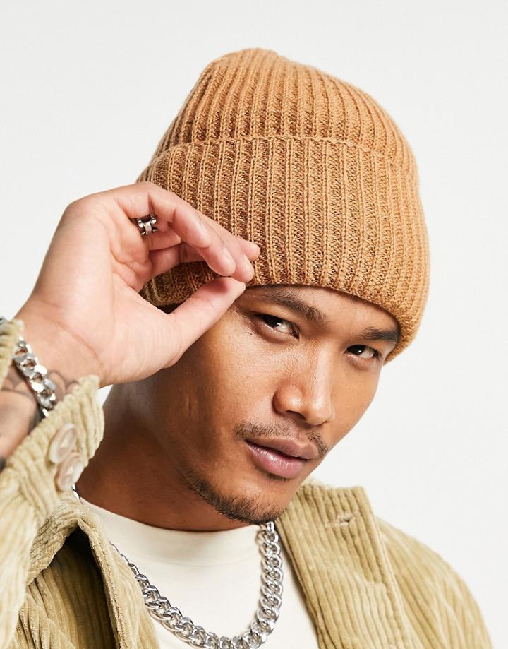 Asos Design Lambswool Oversized Beanie In Tan-brown