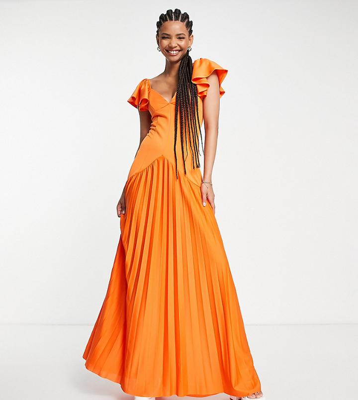 Asos Design Tall Polyester Ruffle Shoulder Pleated Maxi Dress In Orange - Orange