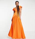 Asos Design Tall Polyester Ruffle Shoulder Pleated Maxi Dress In Orange - Orange