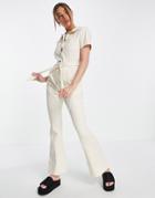 Asos Design Twill 70s Kick Flare Jumpsuit In Cream-white