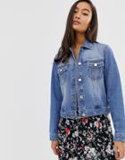 Miss Selfridge Crop Denim Jacket In Mid Wash - Blue