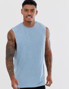 Asos Design Relaxed Sleeveless T-shirt With Dropped Armhole In Slub Jersey - Blue