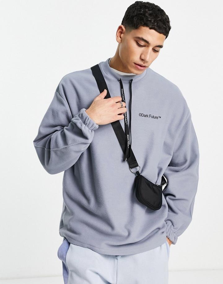 Asos Dark Future Oversized Sweatshirt In Polar Fleece With Logo Printed Drawstrings In Gray