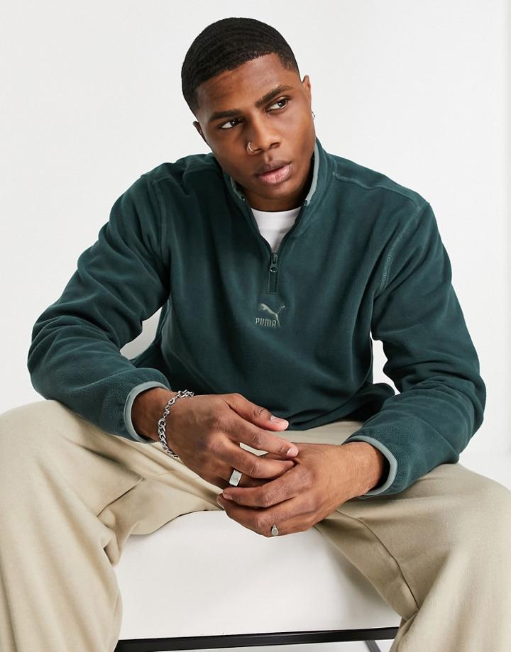 Puma Classics High Neck Half Zip Fleece Pullover In Dark Green