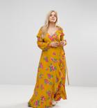 Asos Curve Long Sleeve Wrap Maxi Dress In Bold Floral - Multi
