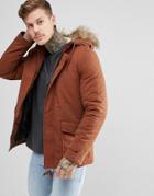 New Look Parka With Faux Fur Hood In Brown - Orange
