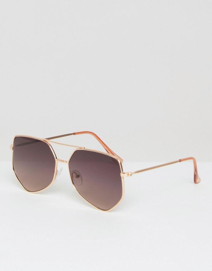 Asos Metal Angular Aviator Sunglasses In Rose Gold - Gold