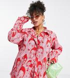 Daisy Street Plus Relaxed Shirt In Pink Retro Face Print Plisse - Part Of A Set