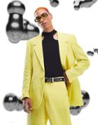 Asos Design Slim Longline Suit Jacket In Yellow Crinkle