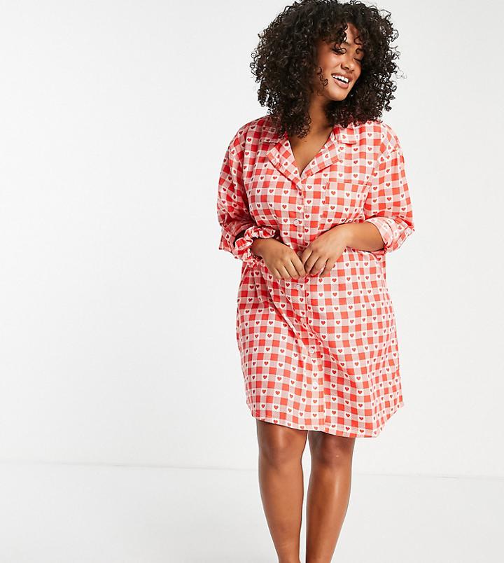 Daisy Street Plus Oversized Night Dress In Heart Gingham-red