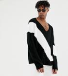 Heart & Dagger Deep V Neck Sweater With Stripe - White