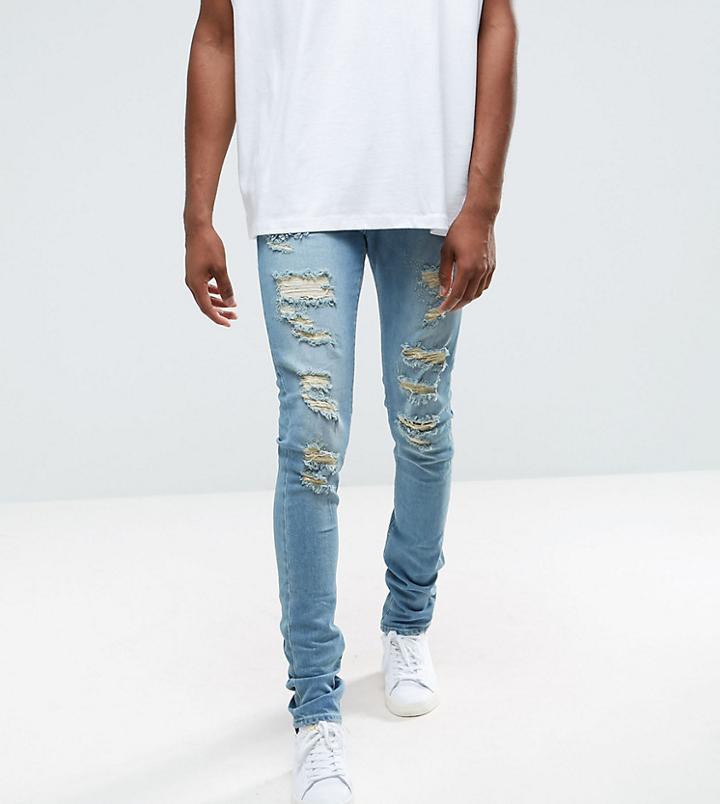Asos Tall Super Skinny Jeans In Mid Wash Blue With Extreme Rips - Blue