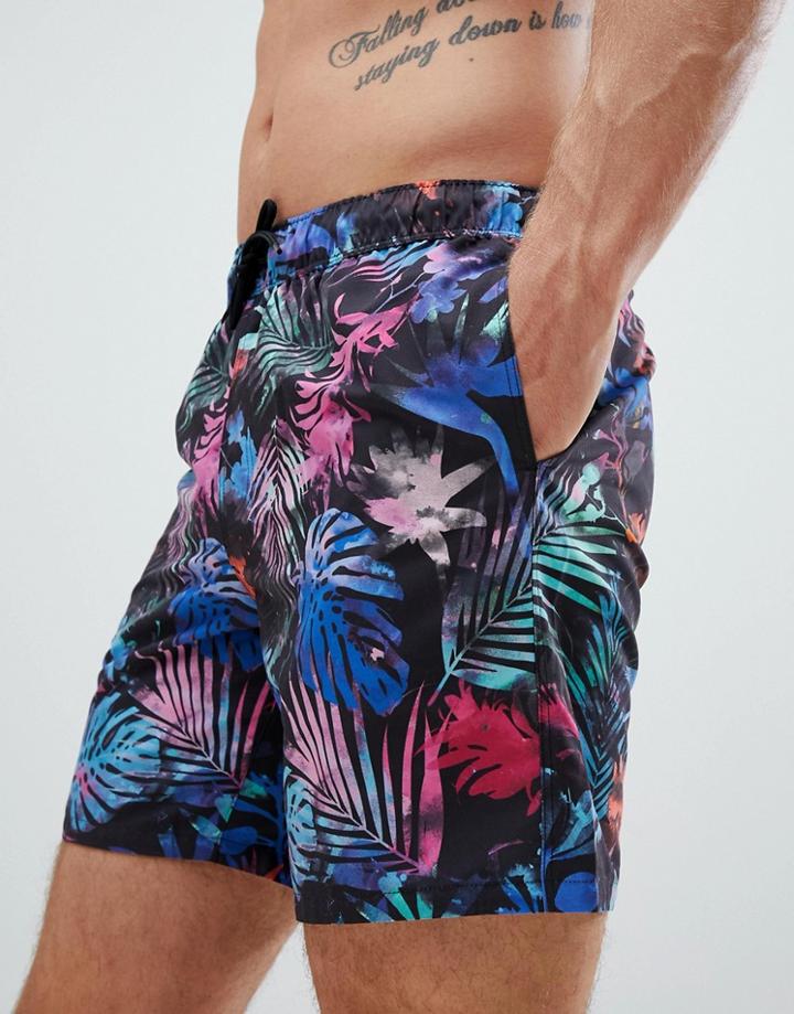 Asos Design Swim Shorts In Colorful Tropical Print In Mid Length-black