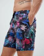 Asos Design Swim Shorts In Colorful Tropical Print In Mid Length-black