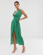 Club L Tie Waist Plunge Dress In Polka Dot - Green