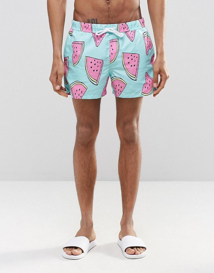 Asos Swim Shorts With Watermelon Print In Short Length - Blue