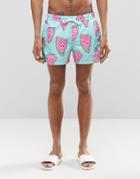 Asos Swim Shorts With Watermelon Print In Short Length - Blue