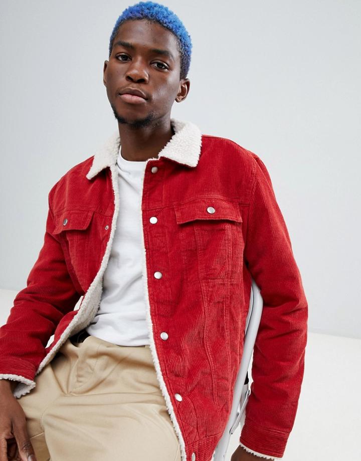 Bershka Trucker Jacket In Red With Fleece Collar - Red