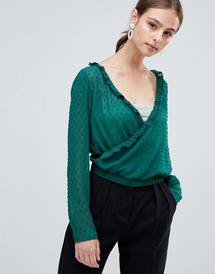 Unique 21 Cross Over Top With Frill - Green