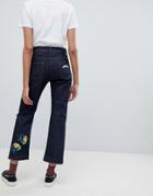 Iceberg Straight Leg Crop Jeans With Floral Applique - Blue