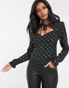 Fashion Union Tie Front Sweetheart Blouse In Allover Gold Dot-black