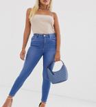 Asos Design Petite Ridley High Waisted Skinny Jeans With Raw Hem In French Workwear Blue Wash
