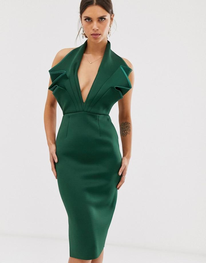Asos Design Halter Paneled Detail Midi Dress - Green