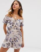 Asos Design Off Shoulder Lace Up Romper With Frill Hem And Shirring In Paisley Print - Multi