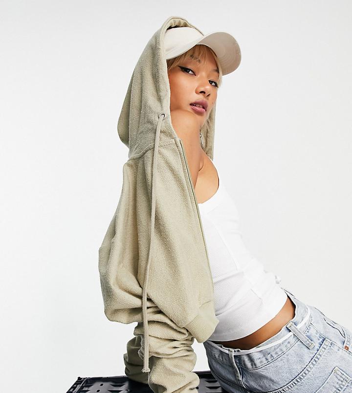Collusion Crop Boxy Zip Through Hoodie In Sand-neutral