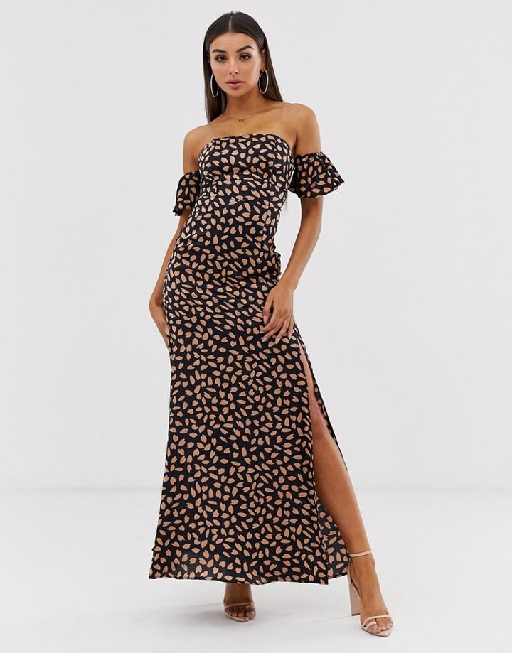 Koco & K Off Shoulder Midaxi Dress With Thigh Split In Fleck Print - Multi