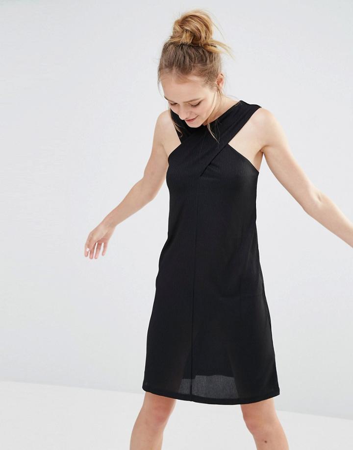 Monki Cross Front Ribbed Dress - Black