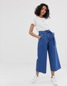 Asos Design Lightweight Soft Belted Denim Culotte In Mid Wash Blue - Blue