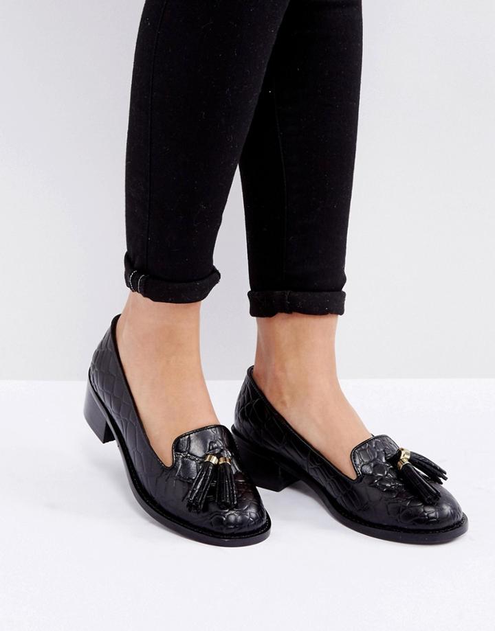 Park Lane Leather Croc Tassel Heeled Loafers - Black