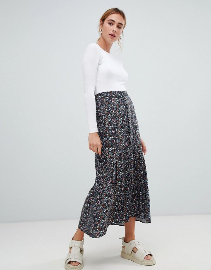 Pull & Bear Button Front Midi Skirt - Multi