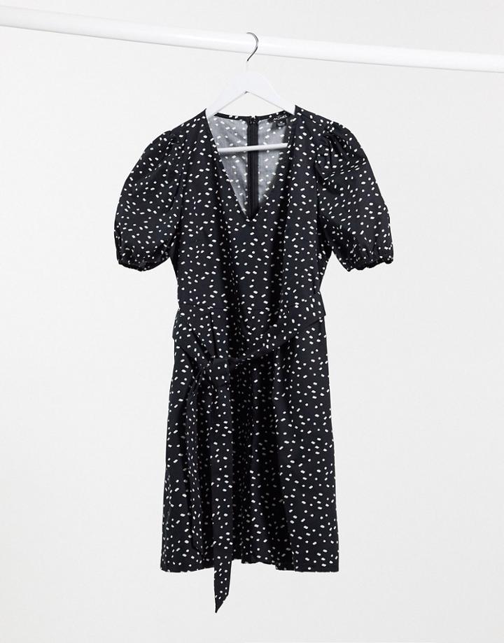 Monki Ofelia Cotton Sprinkle Dot Print Tie Waist Romper In Black